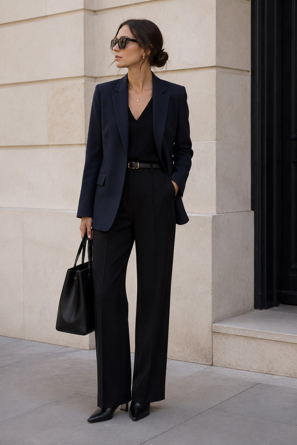 Femme portant un blazer bleu marine avec un pantalon noir dans un style chic minimaliste