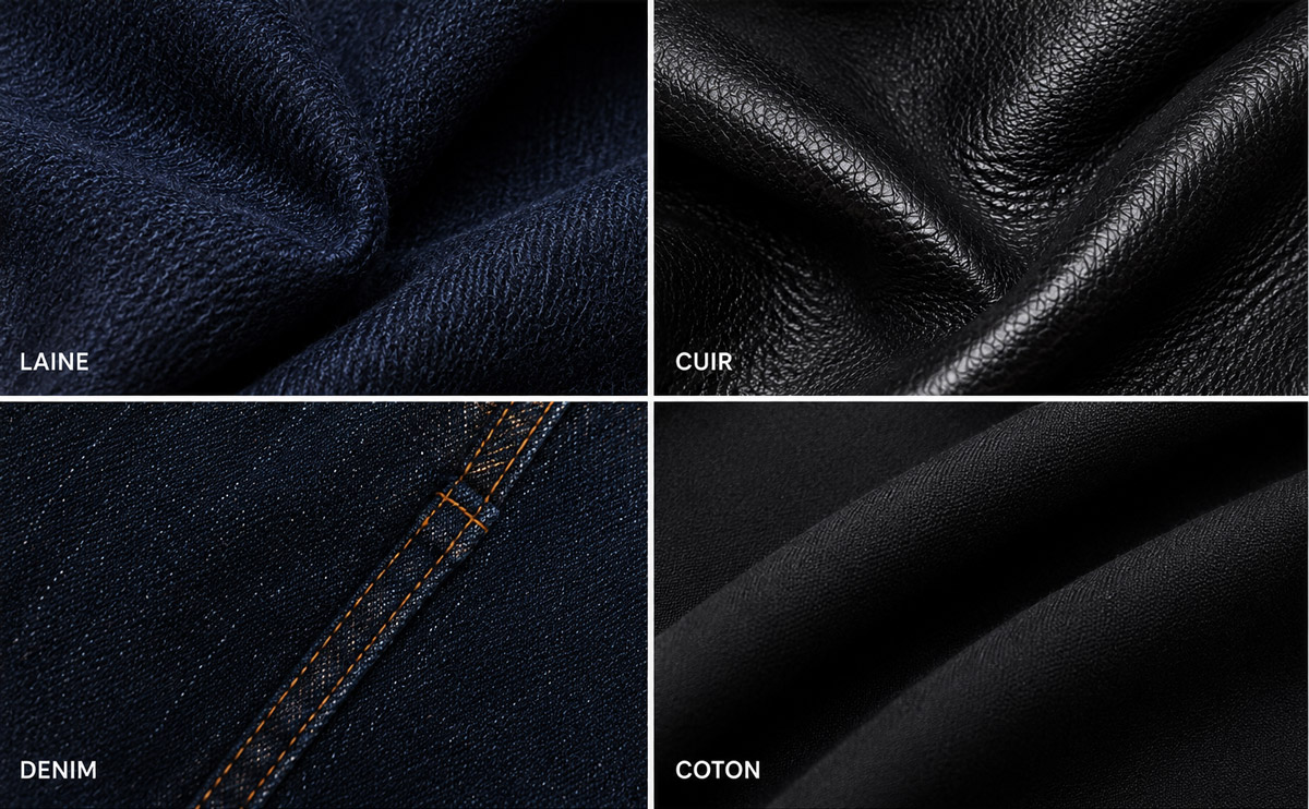 Gros plan sur différentes matières (laine, cuir, denim, coton)