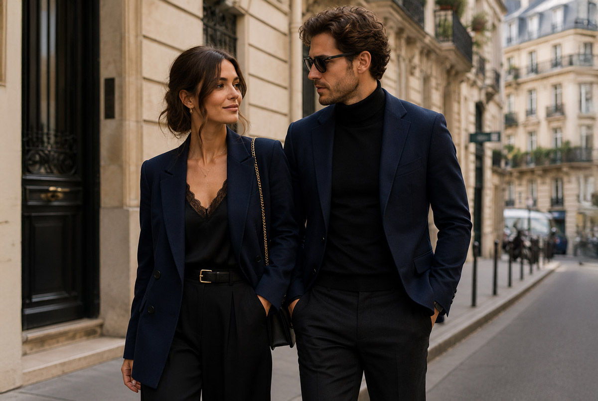 Homme et femme portant une tenue bleu marine et noire dans une rue parisienne